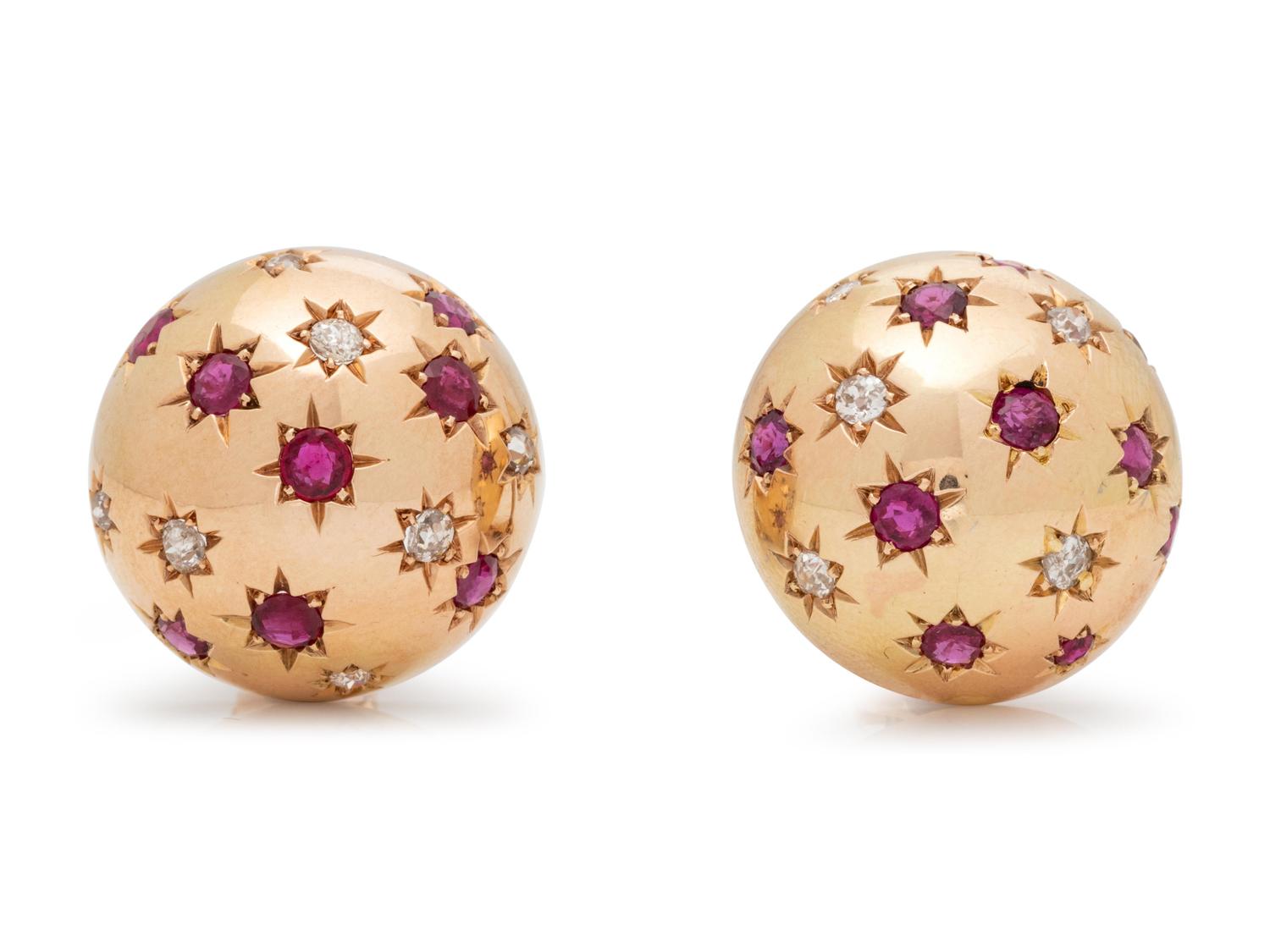 A Pair of 14 Karat Yellow Gold, Ruby and Diamond Earclips,