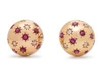 A Pair of 14 Karat Yellow Gold, Ruby and Diamond Earclips,