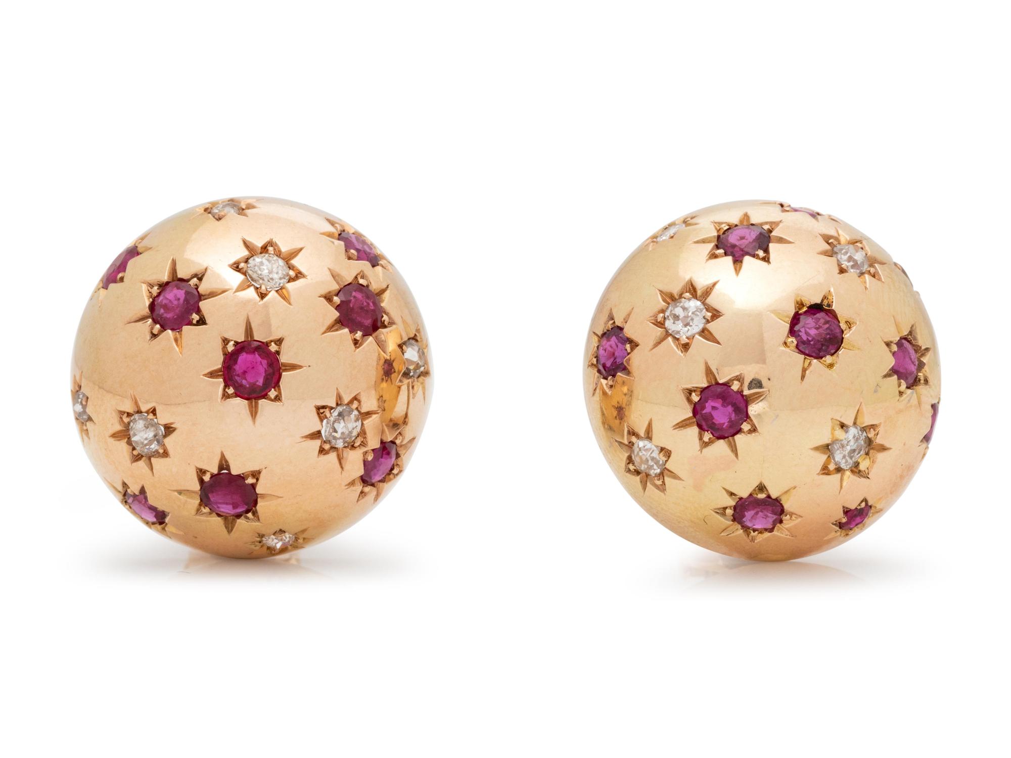 A Pair of 14 Karat Yellow Gold, Ruby and Diamond Earclips,