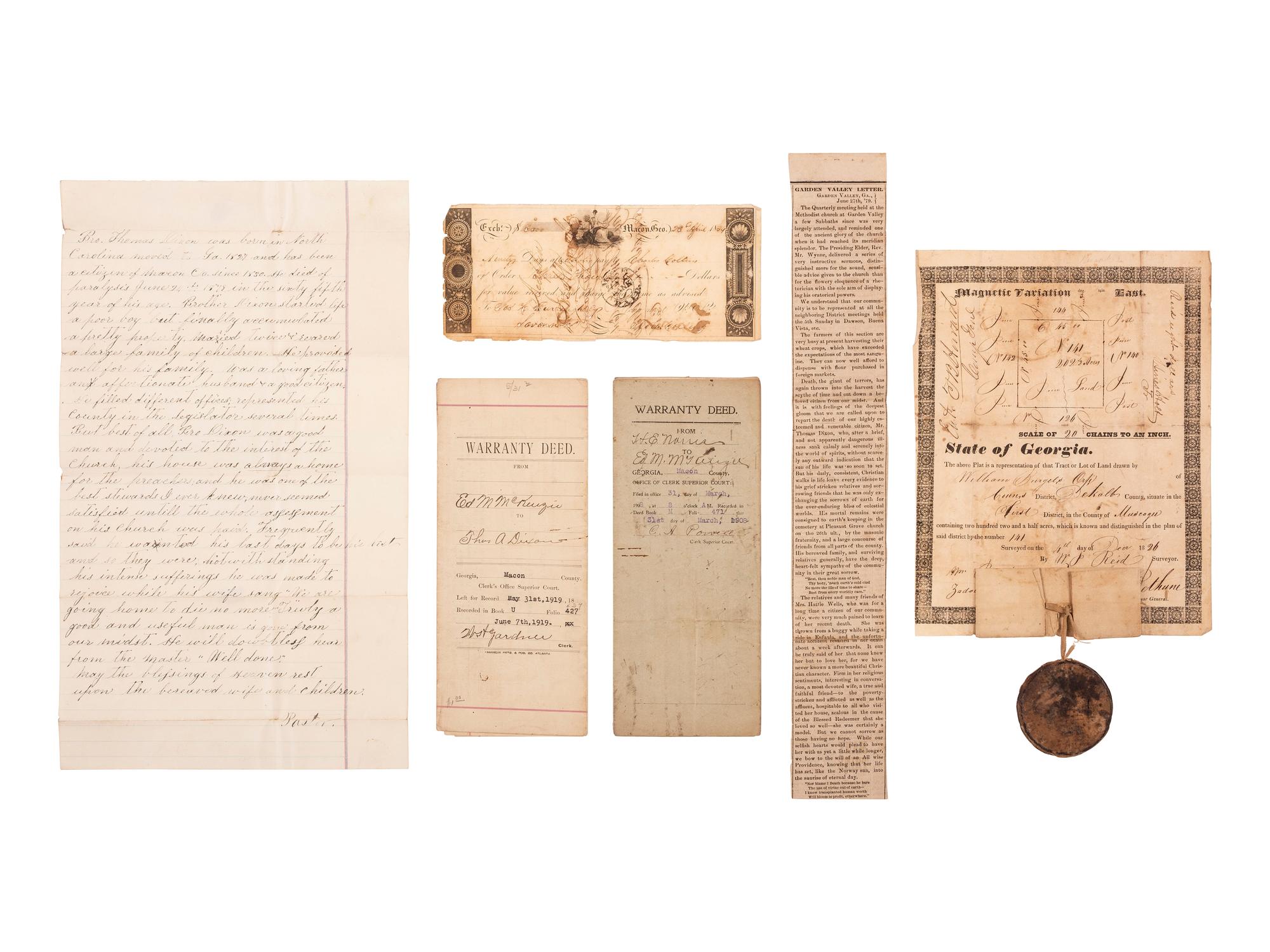 [SLAVERY & ABOLITION]. Bills of sale for African Americans enslaved by Thomas Dixon (1815-1879), Sheriff of Macon County, Georgia.