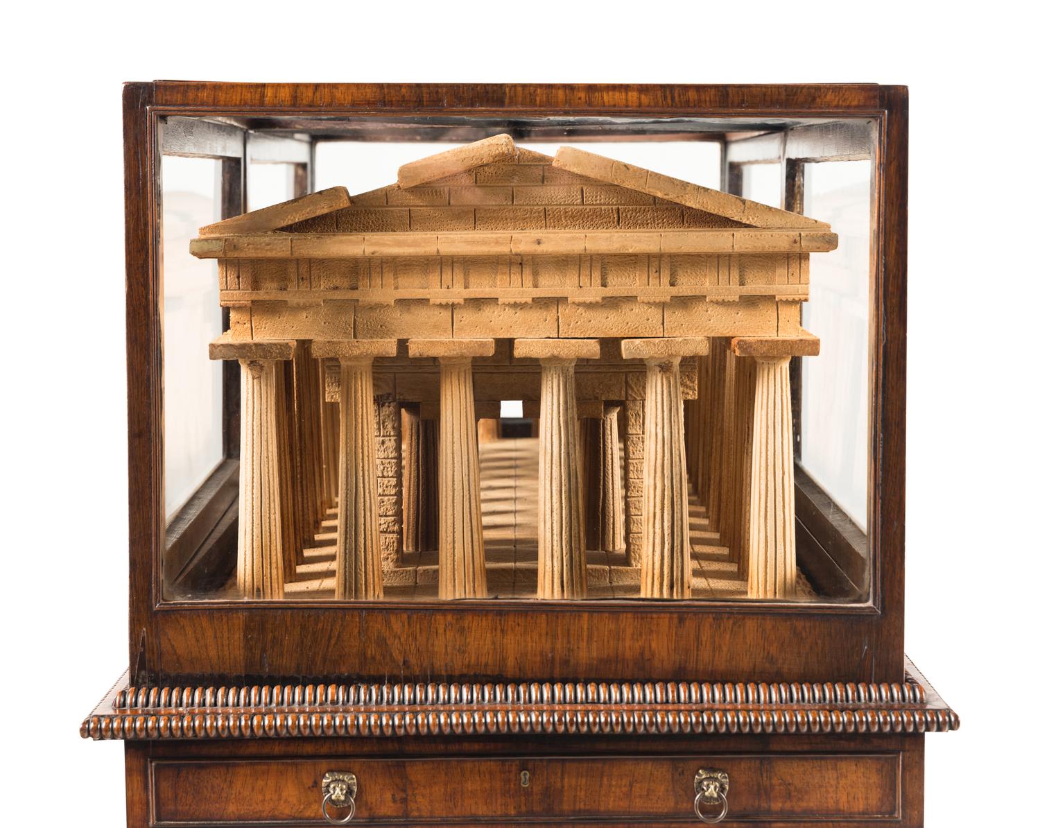 A Carved Wood Model of the Paestum Temple of Hera II in a Rosewood Display Case