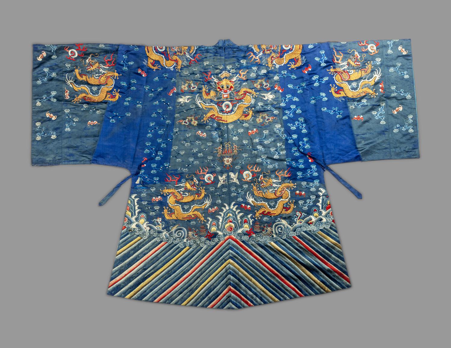 A Chinese Blue Ground Embroidered Silk 'Dragon' Robe
