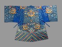 A Chinese Blue Ground Embroidered Silk 'Dragon' Robe