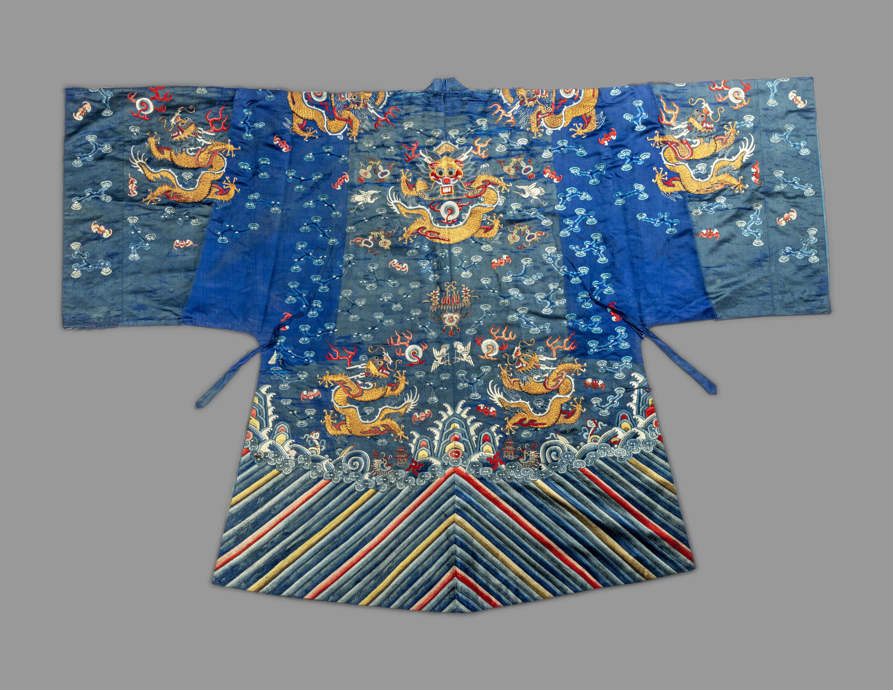 A Chinese Blue Ground Embroidered Silk 'Dragon' Robe