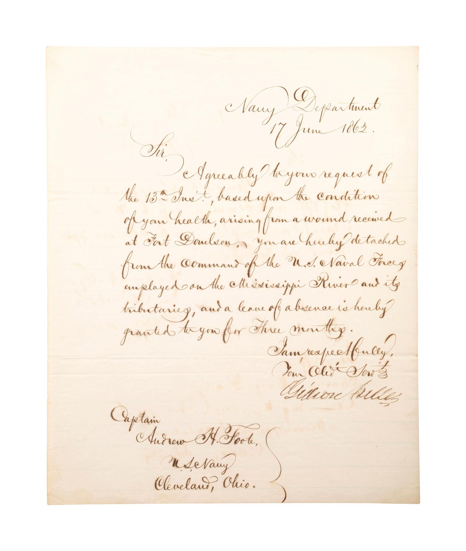 [CIVIL WAR - NAVY]. A group of 3 documents related to Captain Andrew Foote's injury arising from a wound received at Fort Donelson, comprising: