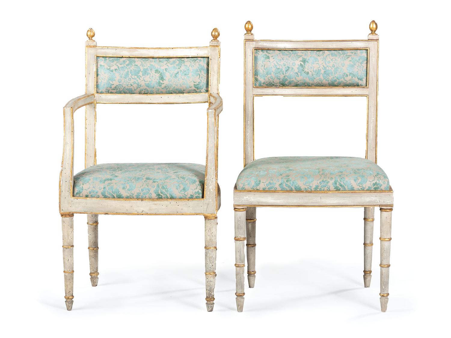 A Set of Ten Italian Painted and Parcel Gilt Dining Chairs with Fortuny Upholstery