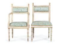 A Set of Ten Italian Painted and Parcel Gilt Dining Chairs with Fortuny Upholstery