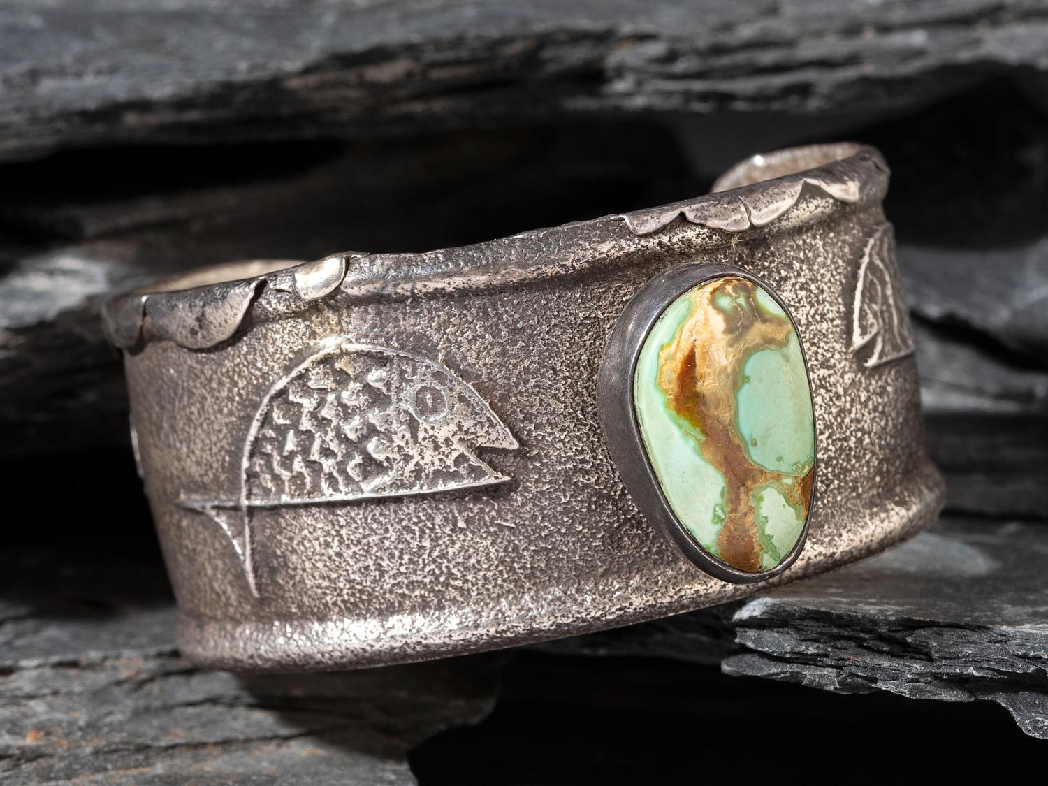 Silver Tufa Cast Fish Cuff, with Turquoise, 1999