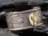 Silver Tufa Cast Fish Cuff, with Turquoise, 1999
