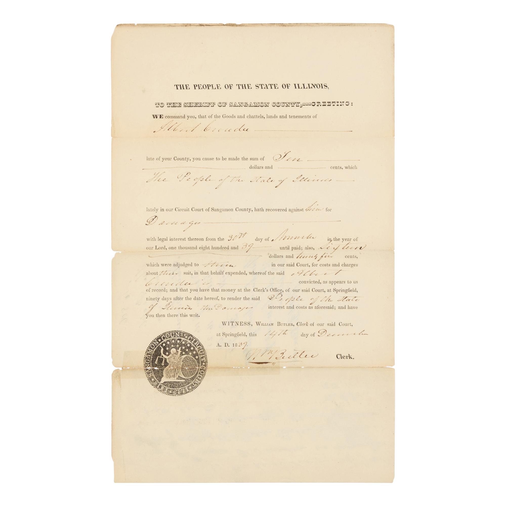 DOUGLAS, Stephen Arnold (1813-1861). A group of 14 documents and letters relating to Douglas's legal and political career, ca 1834-1857, comprising:
