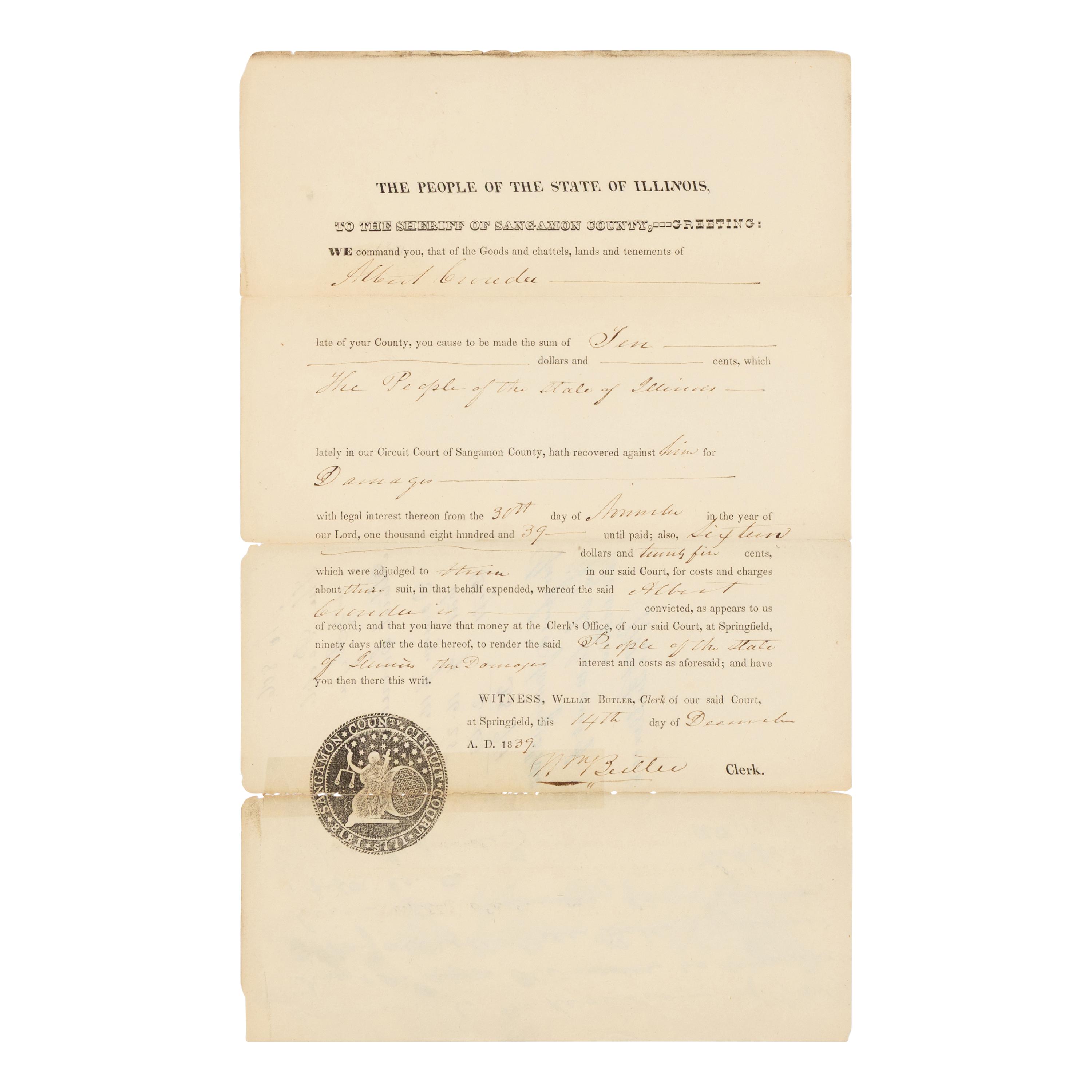 DOUGLAS, Stephen Arnold (1813-1861). A group of 14 documents and letters relating to Douglas's legal and political career, ca 1834-1857, comprising: