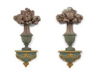 A Pair of Italian Painted and Parcel Gilt Flower Filled Urns and Wall Brackets
