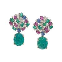 CARVED MULTIGEM AND DIAMOND EARCLIPS