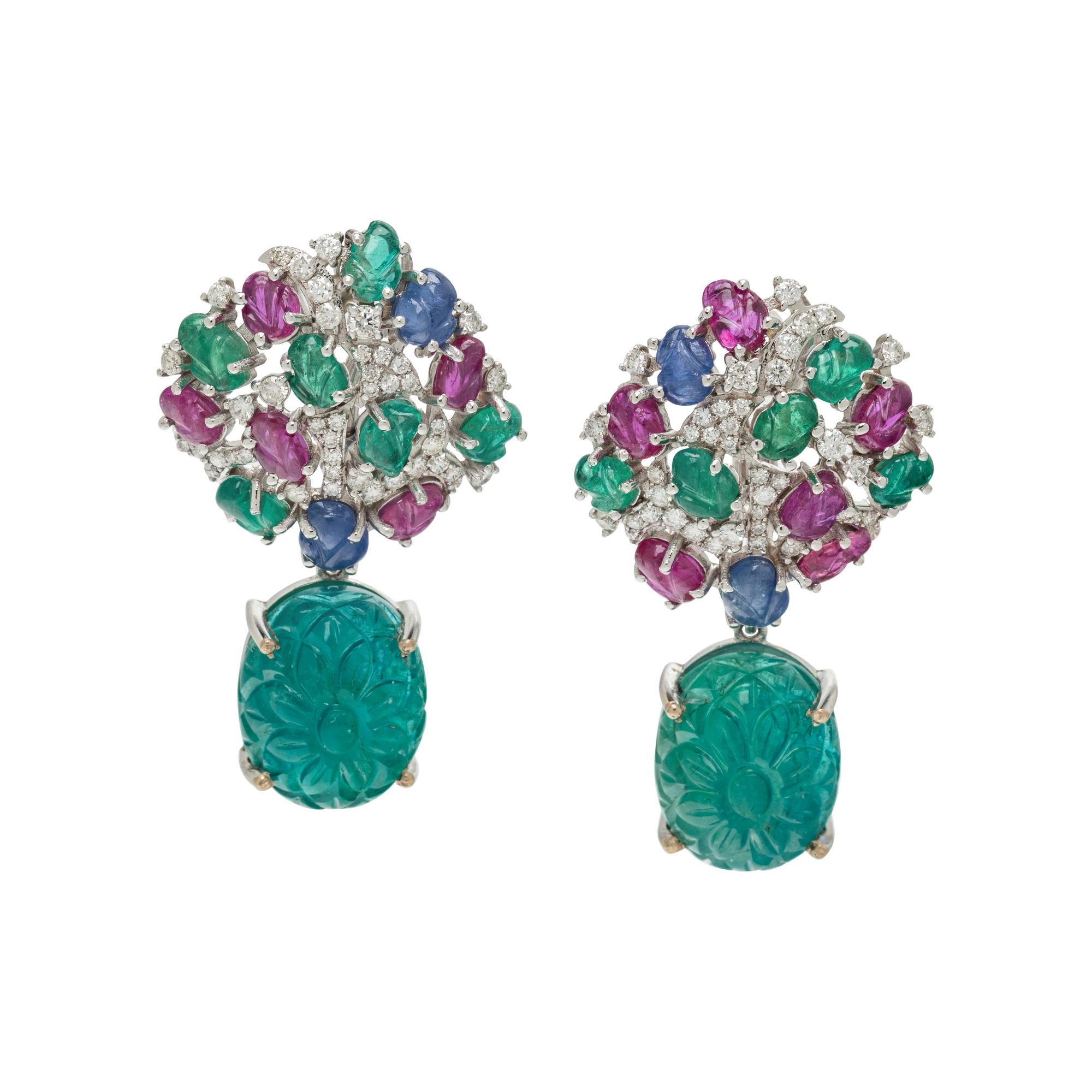 CARVED MULTIGEM AND DIAMOND EARCLIPS