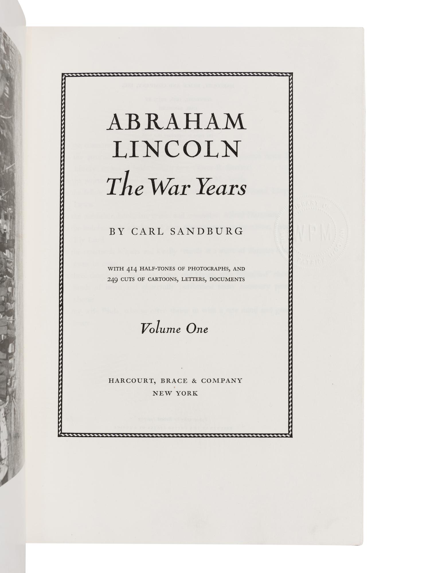 [LINCOLN] -- SANDBURG, Carl (1878-1967). Abraham Lincoln: The War Years . New York: Harcourt, Brace & Company, 1939.