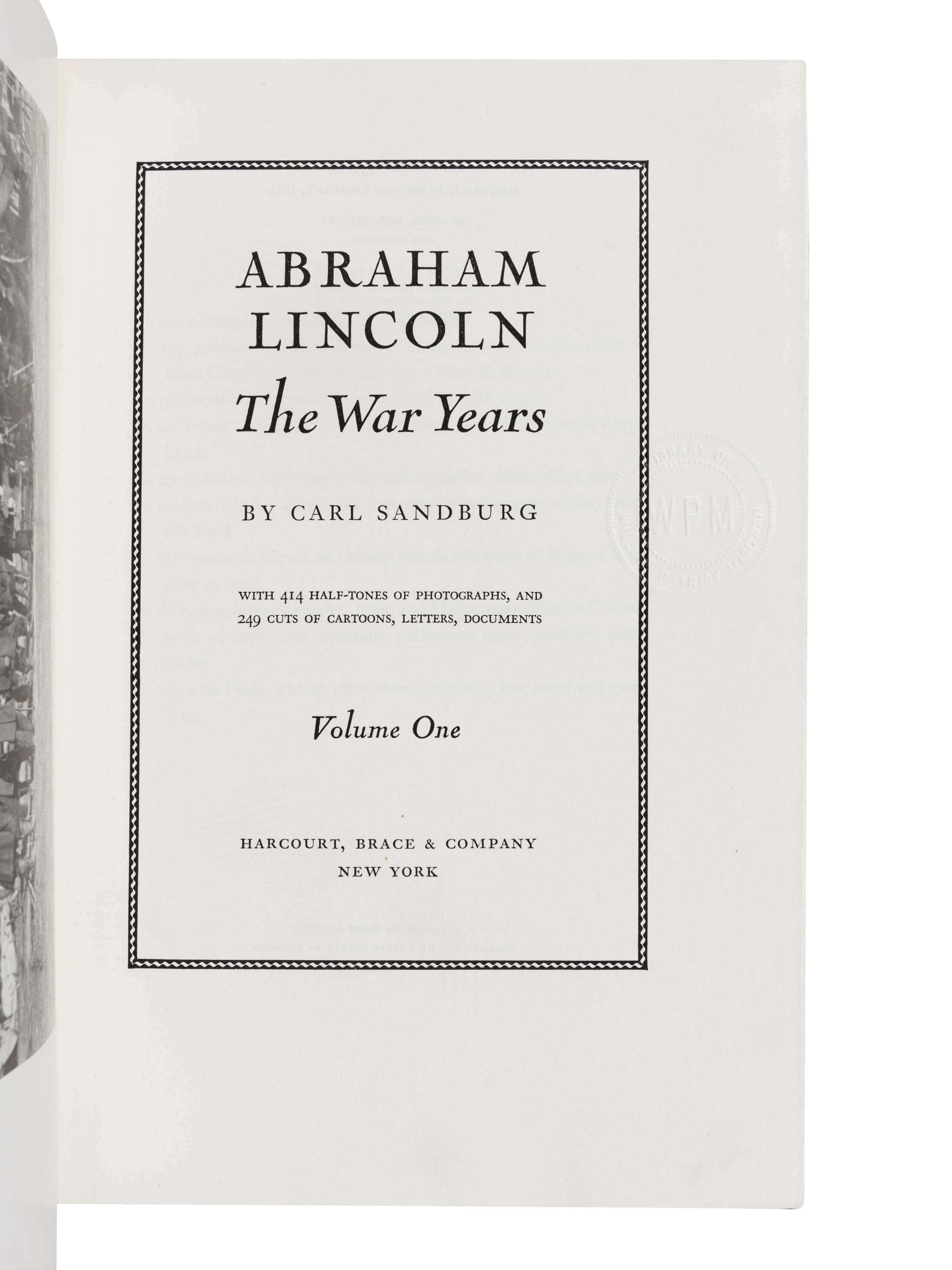 [LINCOLN] -- SANDBURG, Carl (1878-1967). Abraham Lincoln: The War Years . New York: Harcourt, Brace & Company, 1939.