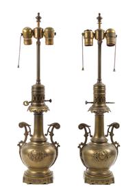 A Pair of Brass Urns Height overall 24 inches.