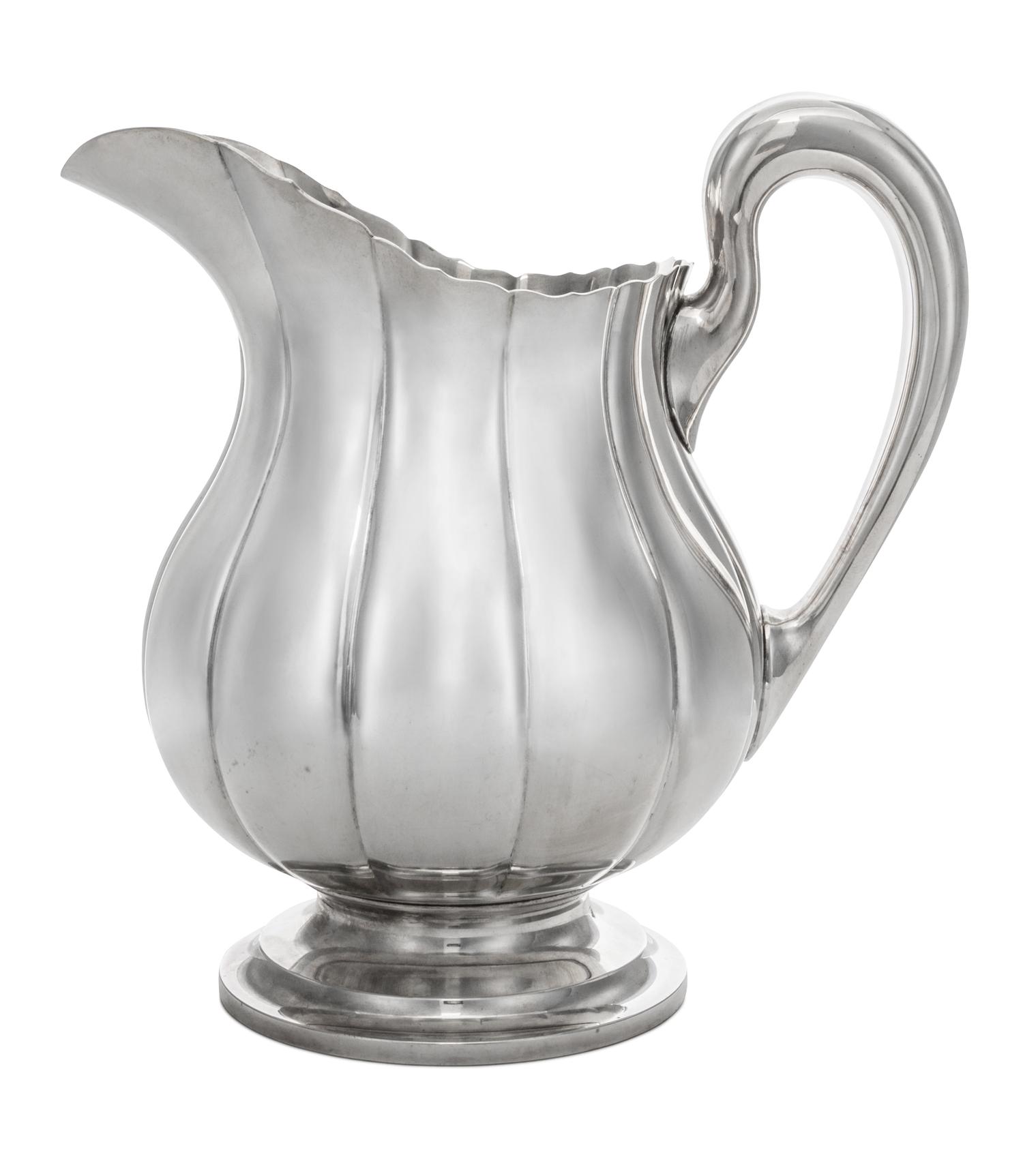 An American Silver Water Pitcher, Worden-Munnis Co., Boston, MA, Mid-20th Century, Dublin pattern, of baluster form with ribbed sides a