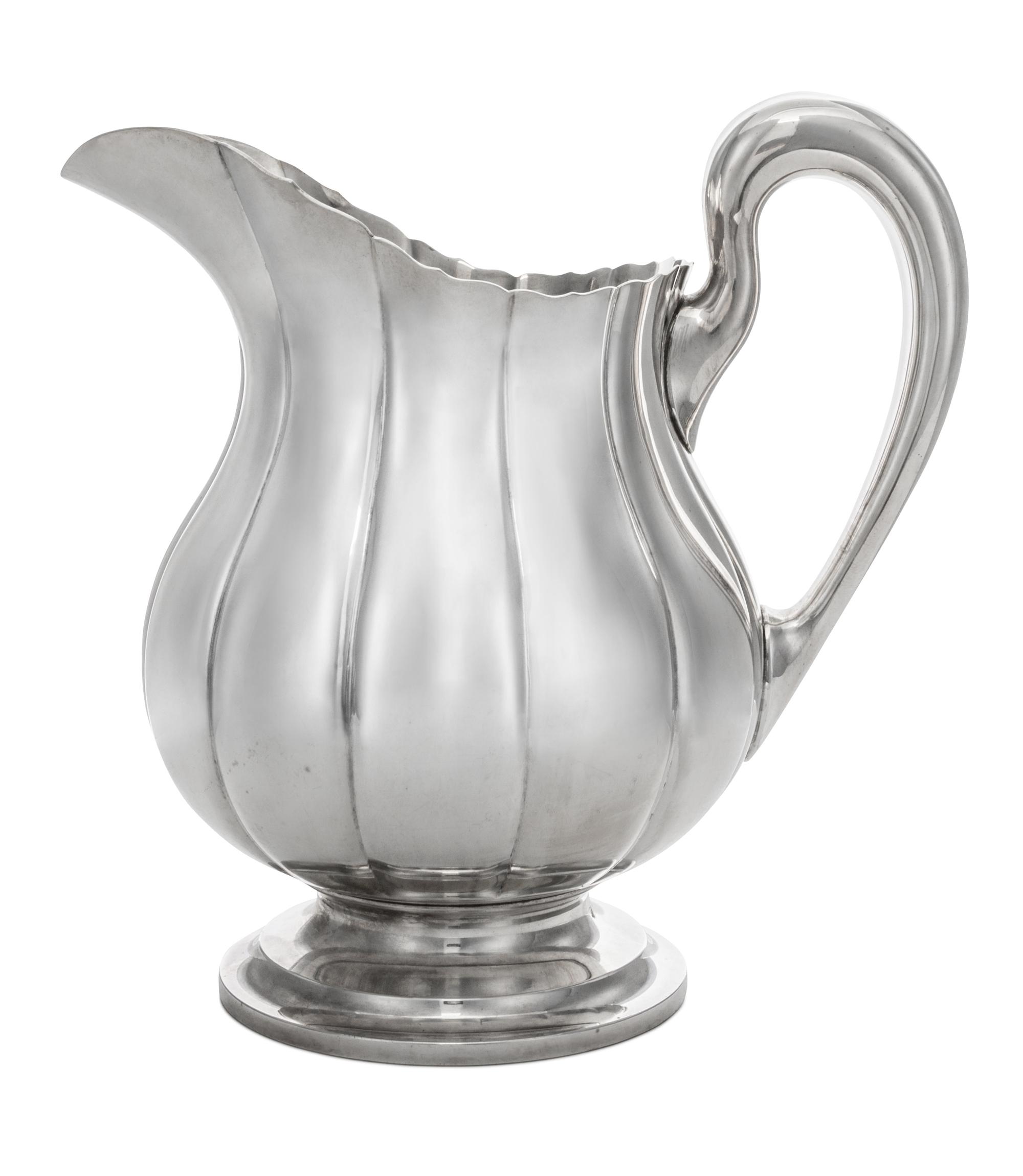 An American Silver Water Pitcher, Worden-Munnis Co., Boston, MA, Mid-20th Century, Dublin pattern, of baluster form with ribbed sides a