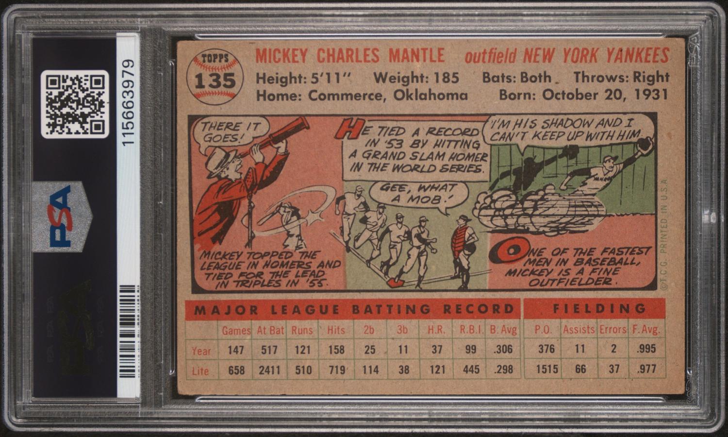 A 1956 Topps Mickey Mantle Baseball Card - Gray Back No. 135 (PSA 3 VG) from The Collection of David Eisenhower