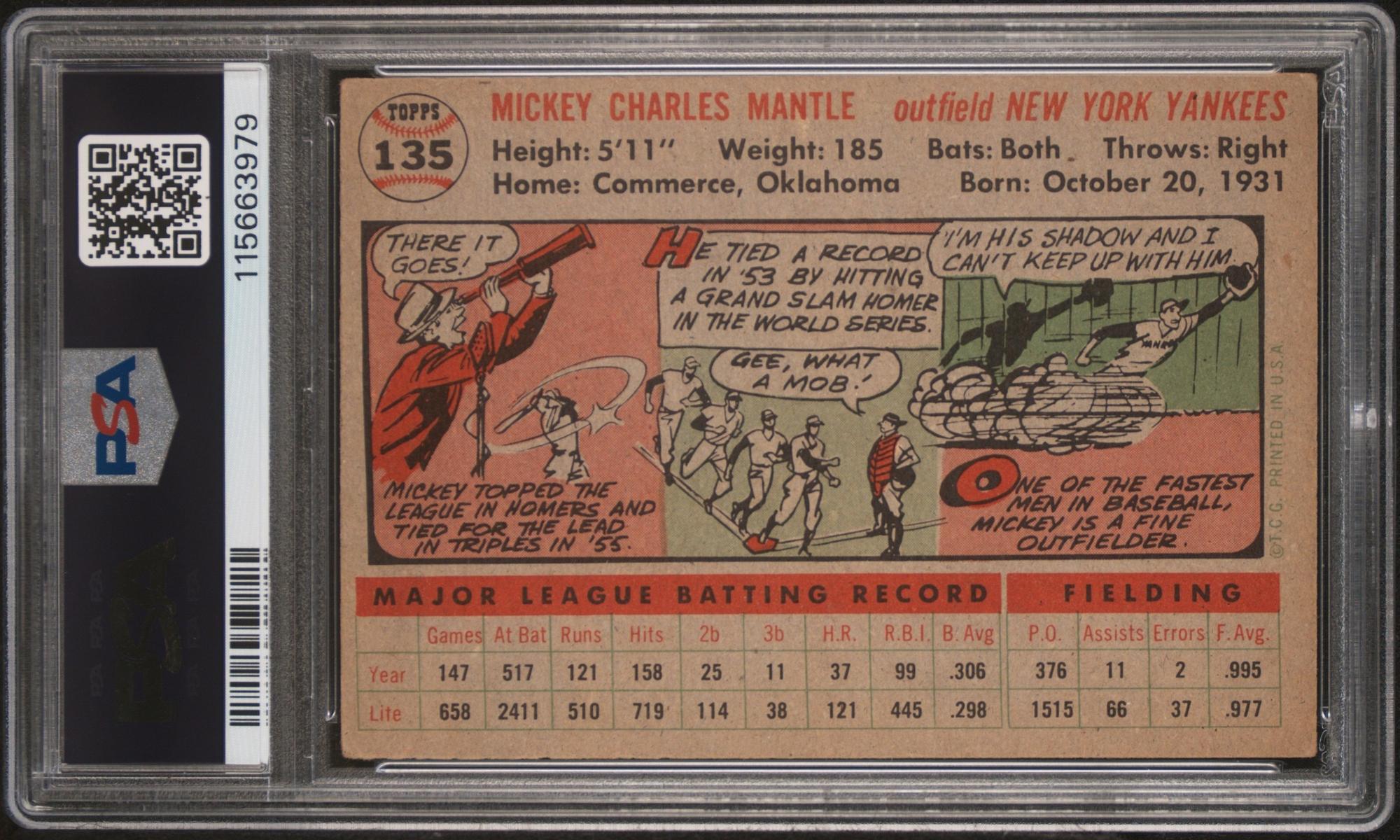 A 1956 Topps Mickey Mantle Baseball Card - Gray Back No. 135 (PSA 3 VG) from The Collection of David Eisenhower