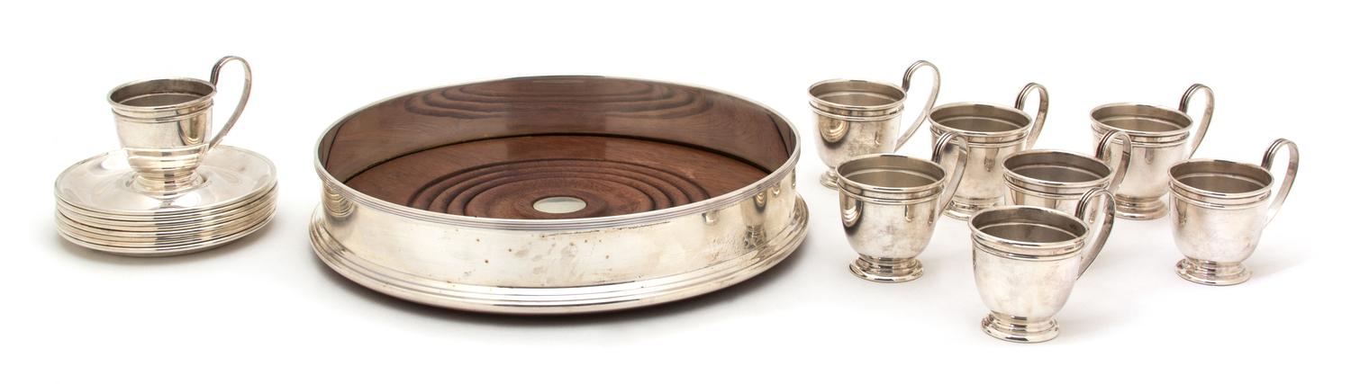 A Group of Eight American Silver Demitasse Cup Holders and Undertrays, Gorham, Providence, RI., 20th Century, together with a serving t