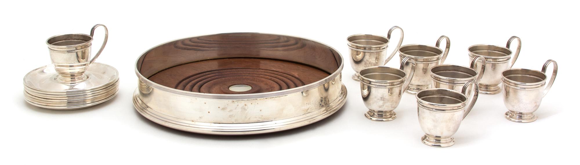 A Group of Eight American Silver Demitasse Cup Holders and Undertrays, Gorham, Providence, RI., 20th Century, together with a serving t