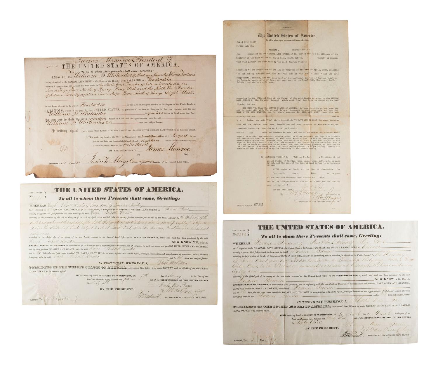 [POLITICS] - [PRESIDENTS]. Group of 8 land grants including one signed by James Madison.