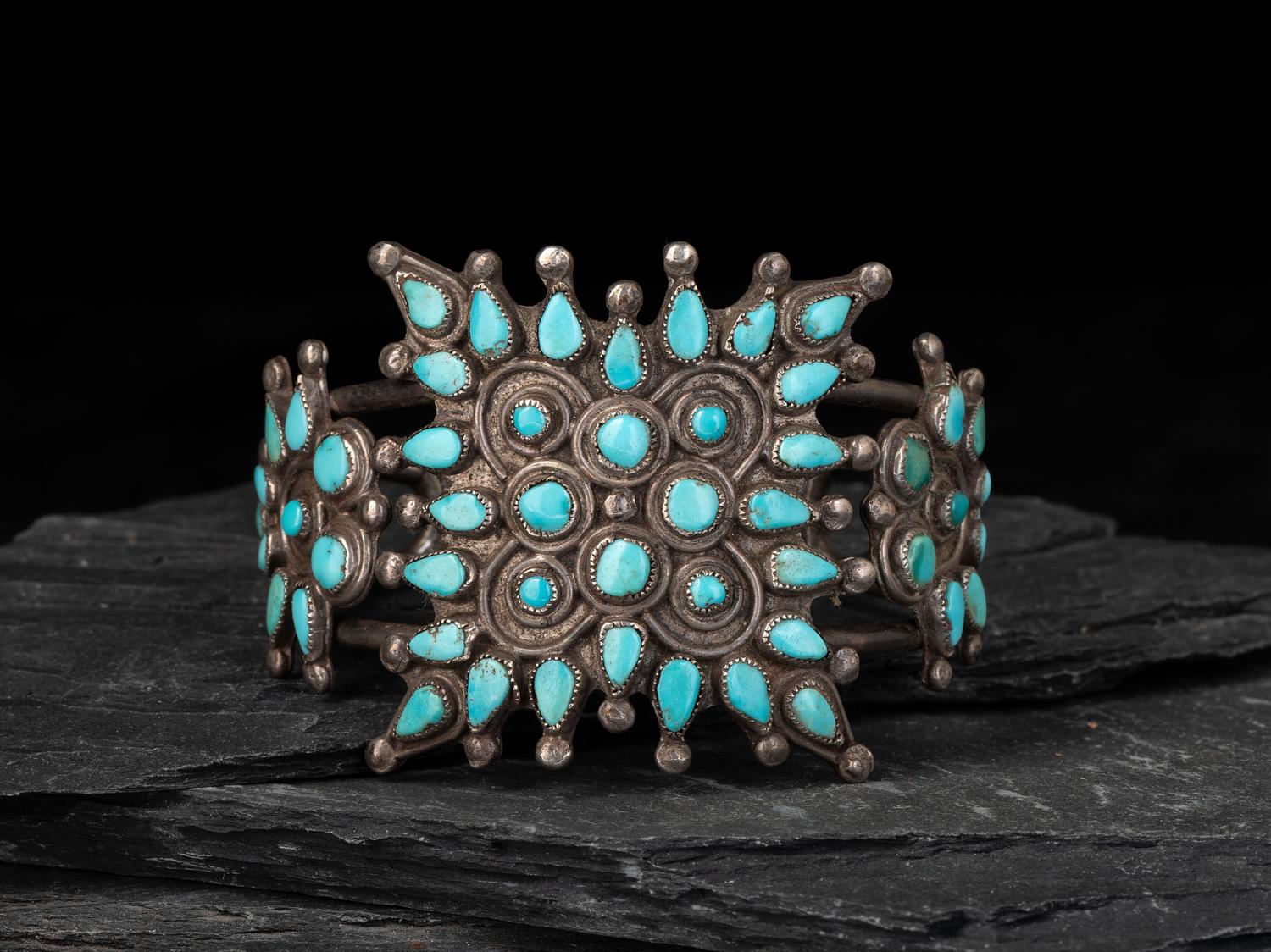 Zuni Silver and Turquoise Cluster Cuff Bracelet