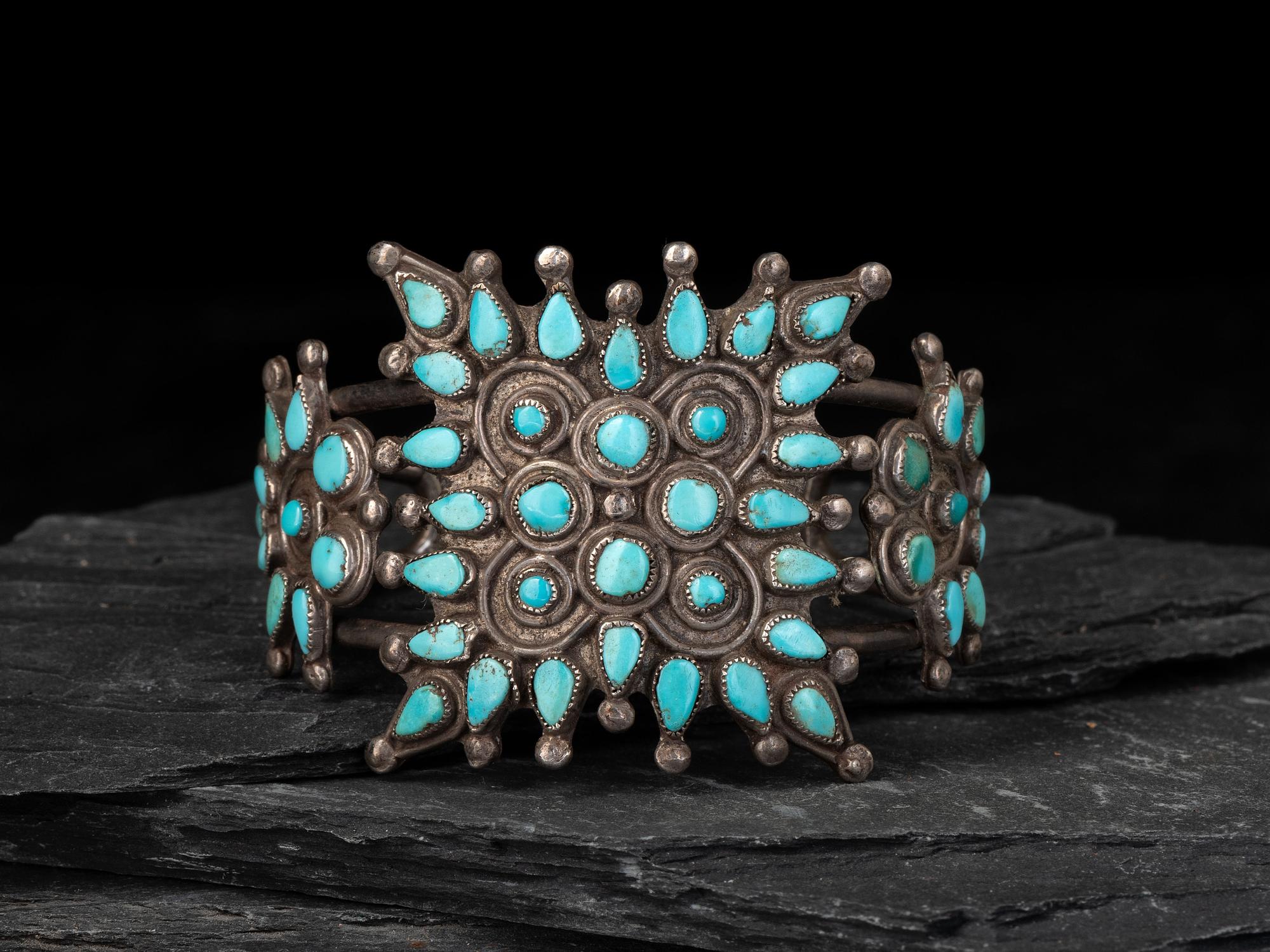 Zuni Silver and Turquoise Cluster Cuff Bracelet
