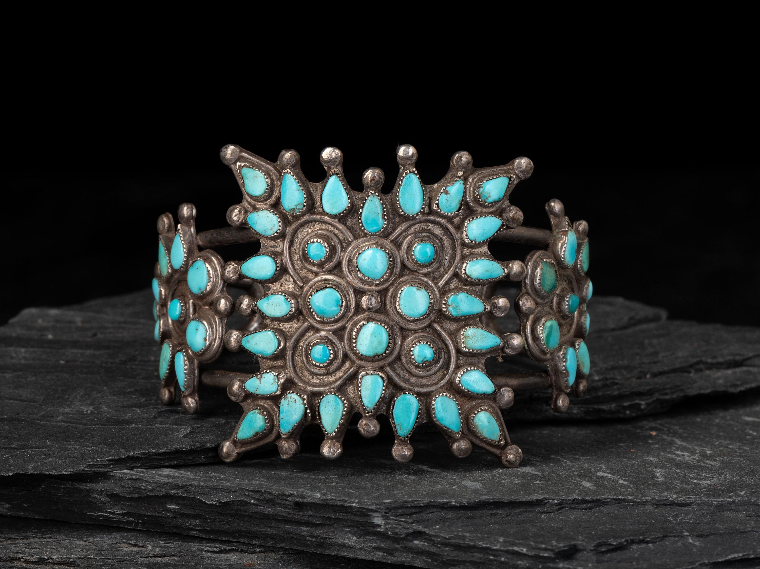 Zuni Silver and Turquoise Cluster Cuff Bracelet