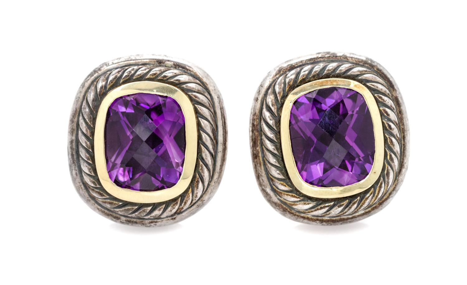 A Pair of Sterling Silver, 14 Karat Yellow Gold and Amethyst 'Noblesse' Earclips, David Yurman, 12.70 dwts.