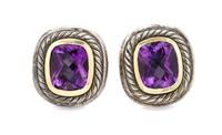 A Pair of Sterling Silver, 14 Karat Yellow Gold and Amethyst 'Noblesse' Earclips, David Yurman, 12.70 dwts.