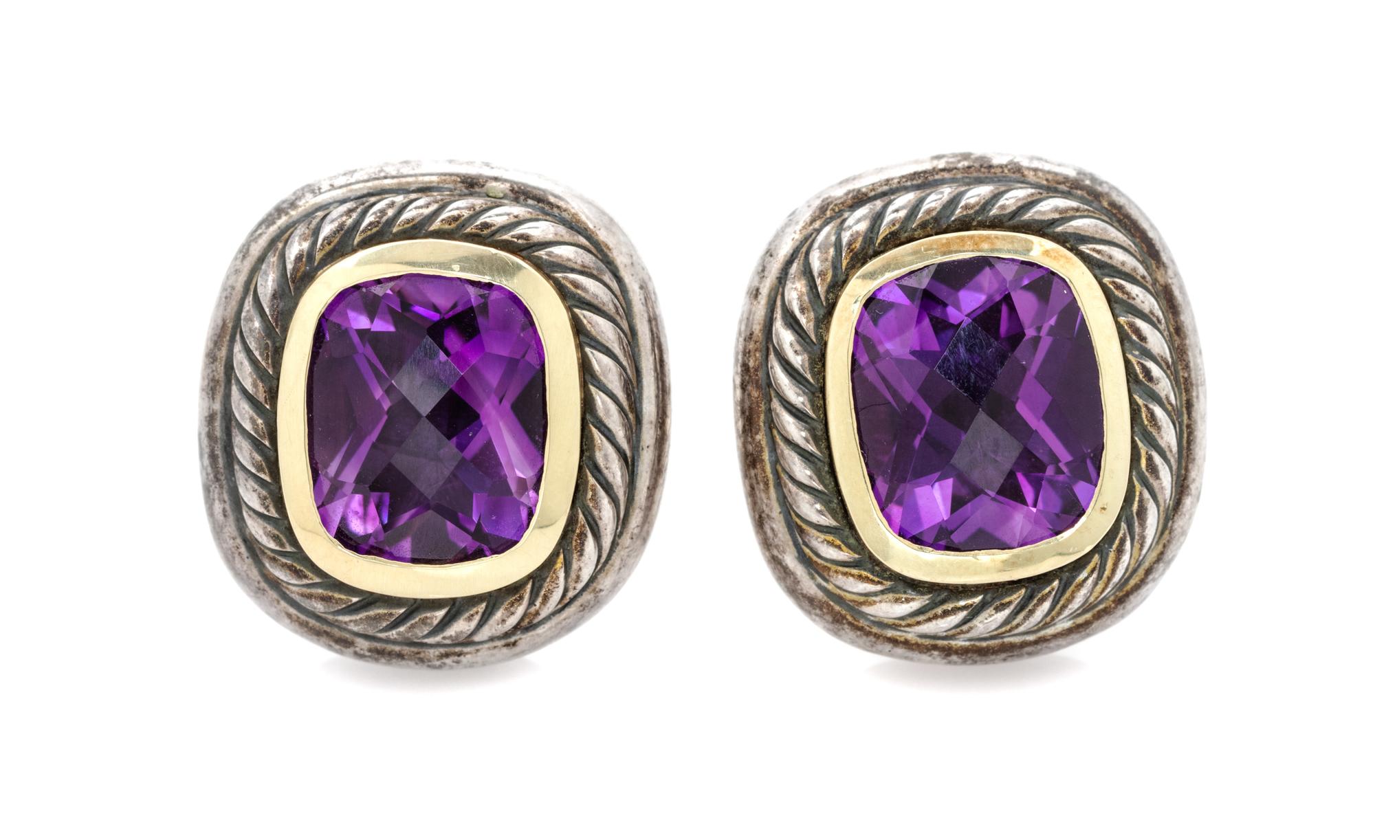 A Pair of Sterling Silver, 14 Karat Yellow Gold and Amethyst 'Noblesse' Earclips, David Yurman, 12.70 dwts.