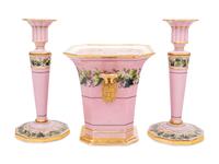 A Pair of Paris Porcelain Pink-Ground Vine-Decorated Candlesticks and a Jardinière