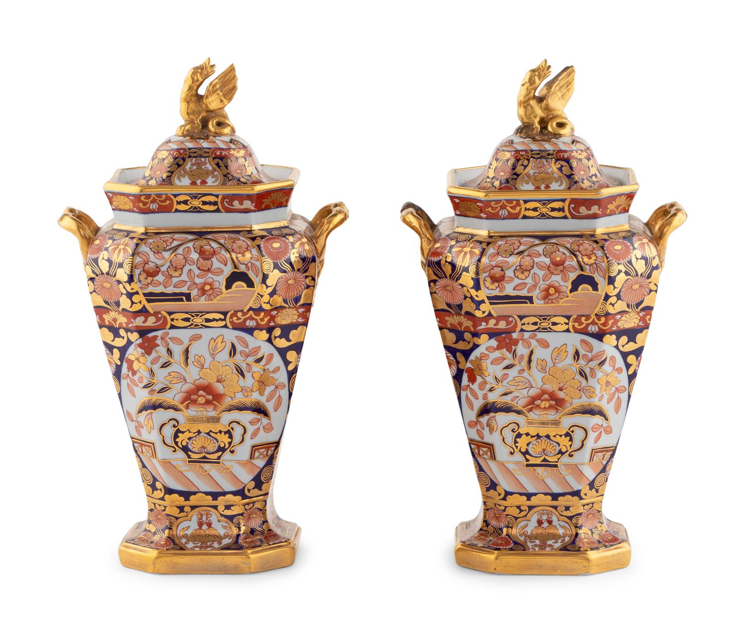 A Pair of Spode Porcelain Imari Pattern Covered Vases