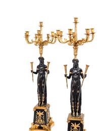 A Pair of Empire Style Gilt and Patinated Bronze Eight-Light Candelabra — MANNER OF PIERRE-PHILIPPE THOMIRE, 19TH CENTURY