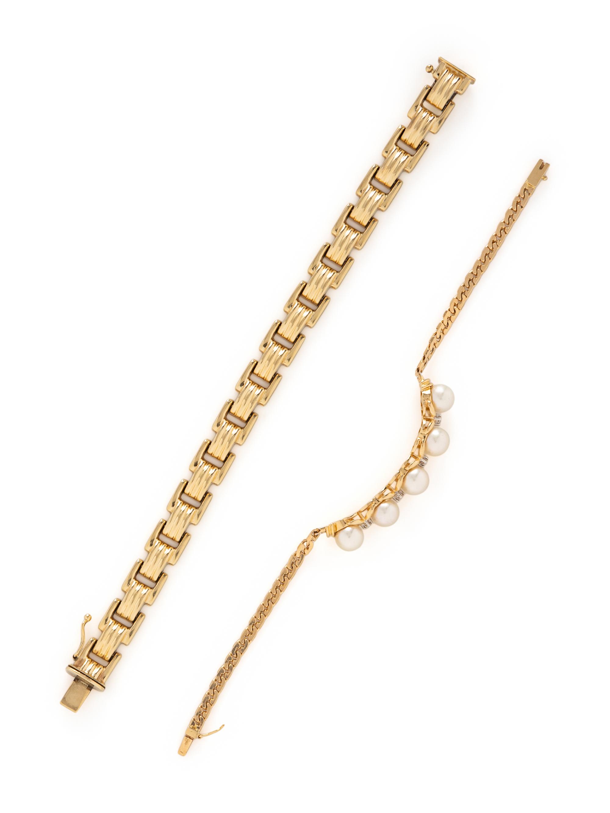 CULTURED PEARL AND DIAMOND BRACELET AND YELLOW GOLD BRACELET