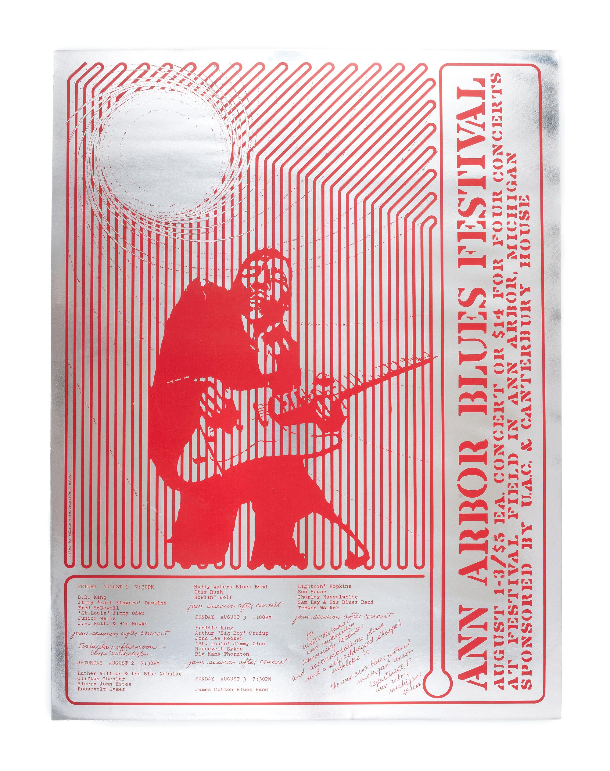 [MUSIC]. Ann Arbor Blues Festival / August 1-3 . Poster promoting performances by B.B. King and Muddy Waters Blues Band. Ann Arbor, MI: Walrus Enterprise, [1969].