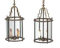 A Pair of French Brass and Glass Circular Hall Lanterns Height 21 x diameter 11 inches. — 20TH CENTURY