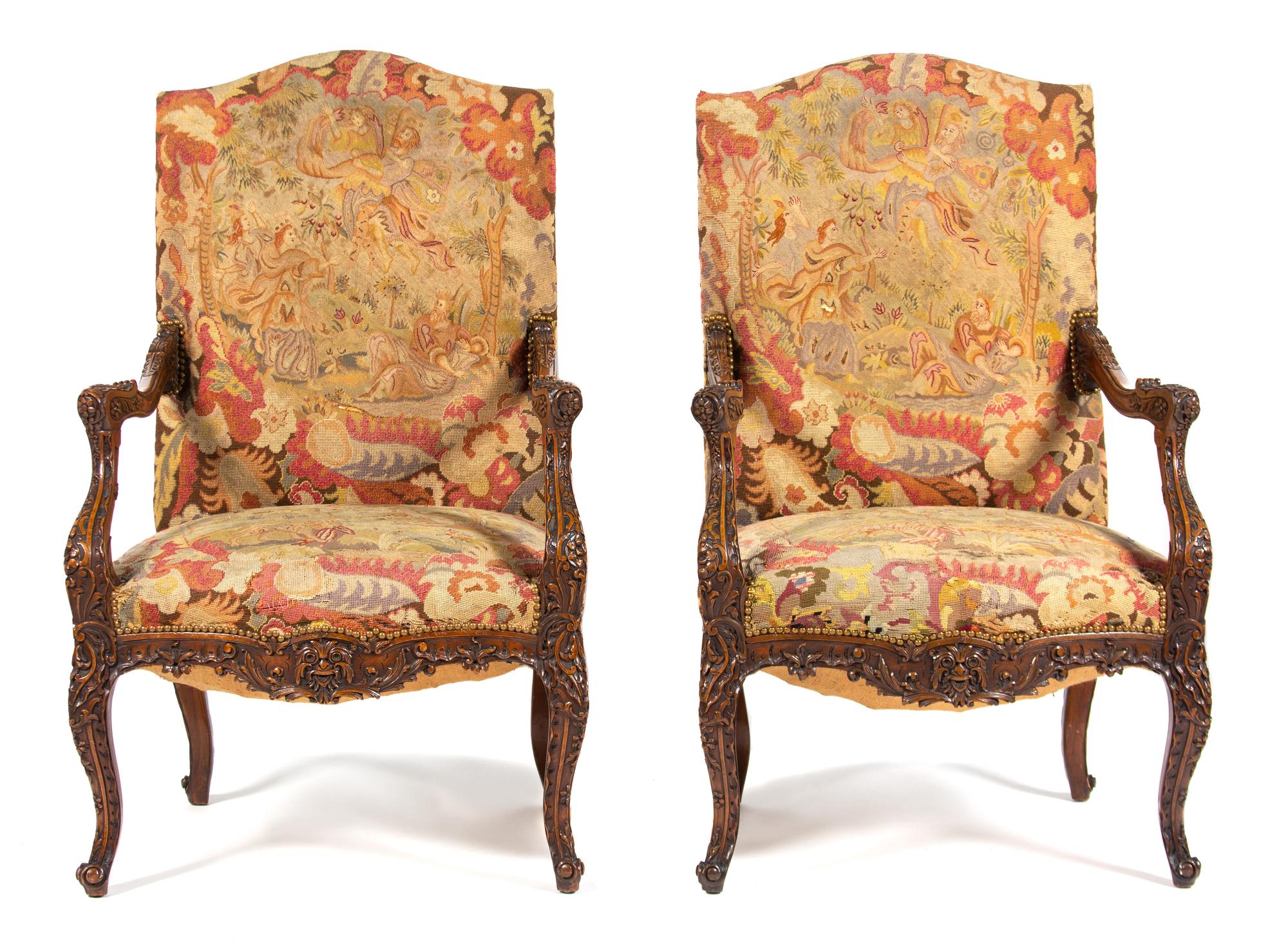 Three French Needlepoint Upholstered Fauteuils Height of taller 45 inches. — 19TH CENTURY