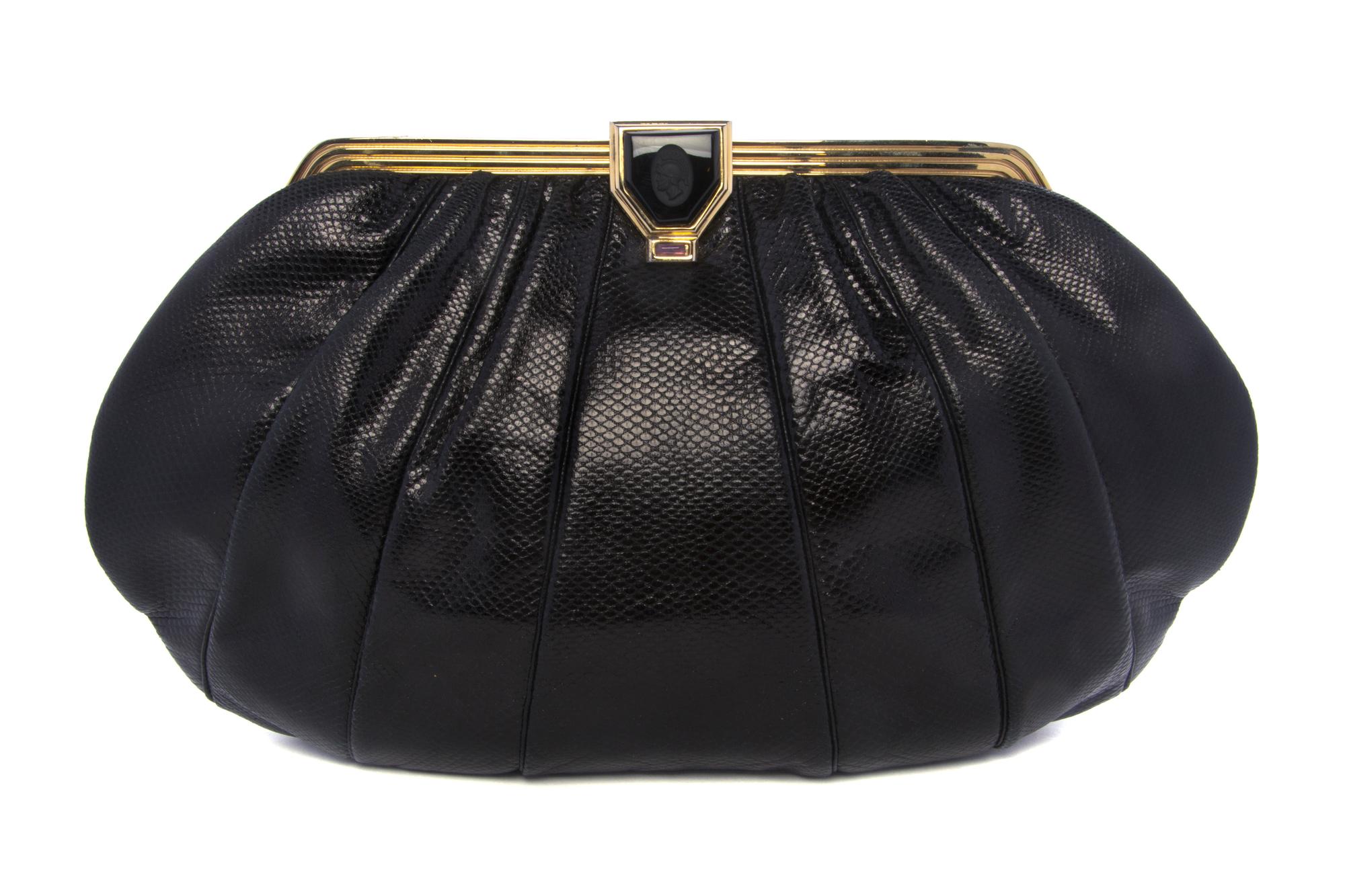 A Judith Leiber Large Black Karung Snakeskin Bag, 14 1/2 x 8 x 3 1/2 inches.