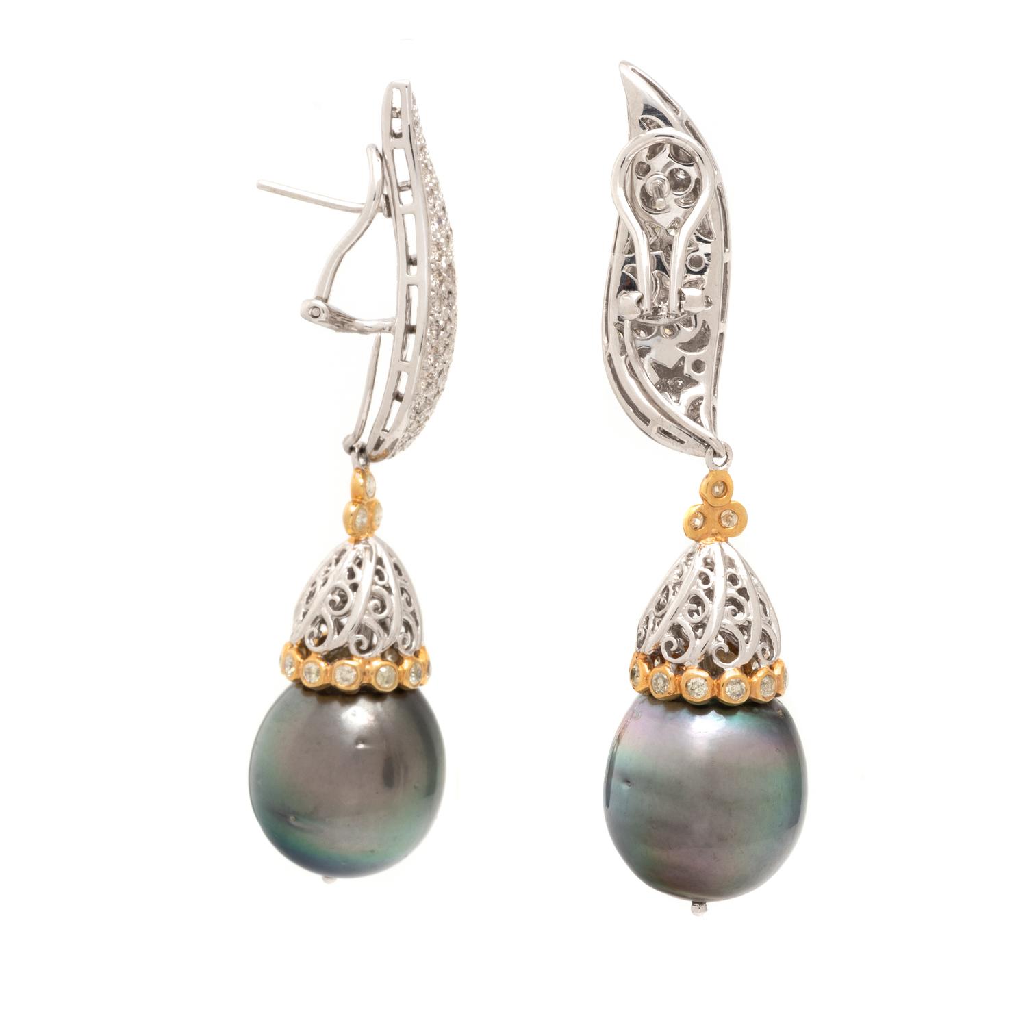 DIAMOND AND GRAY CULTURED PEARL EARRINGS