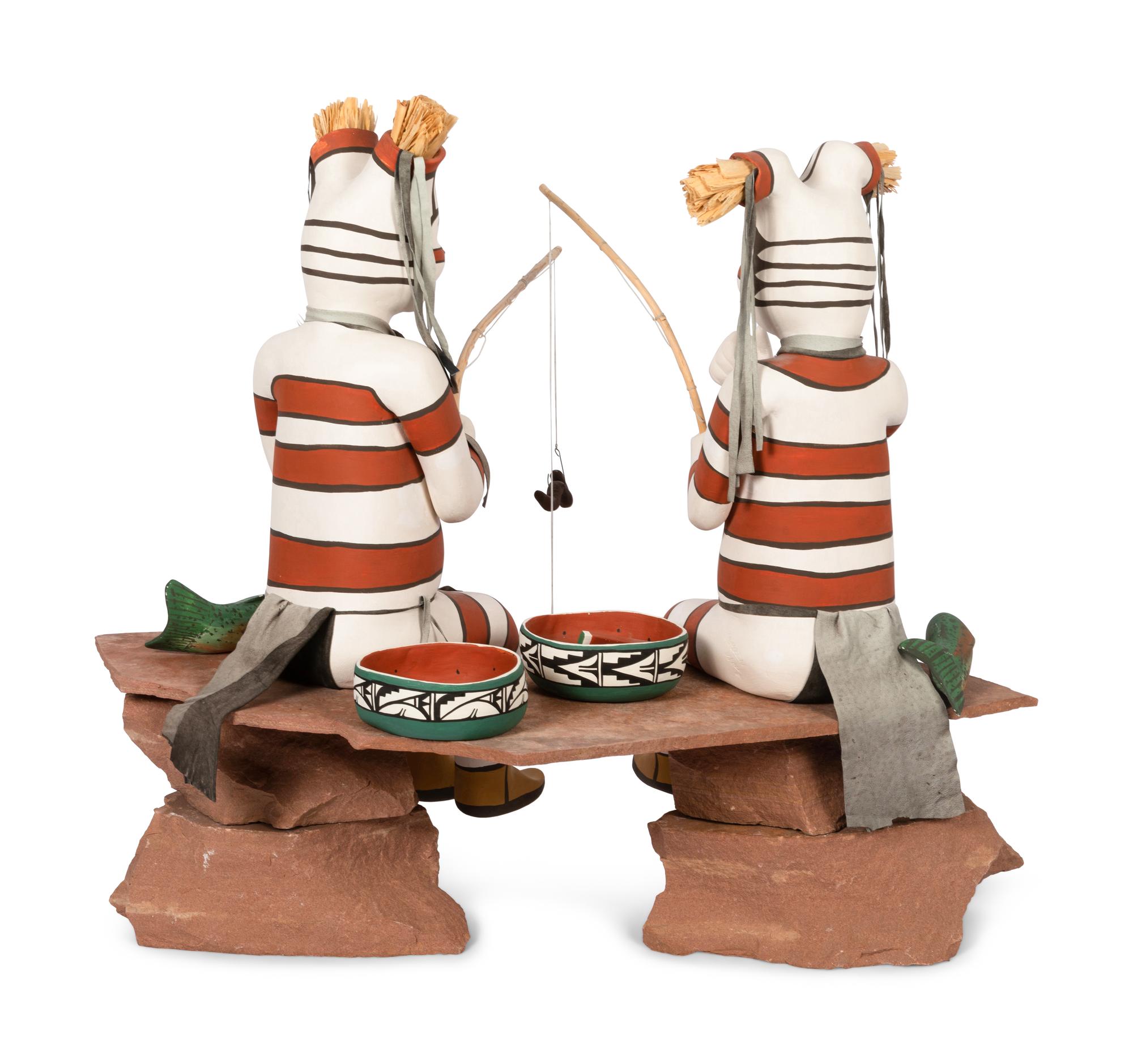 Koshare Fishers, two figures with fish and watermelon bowls