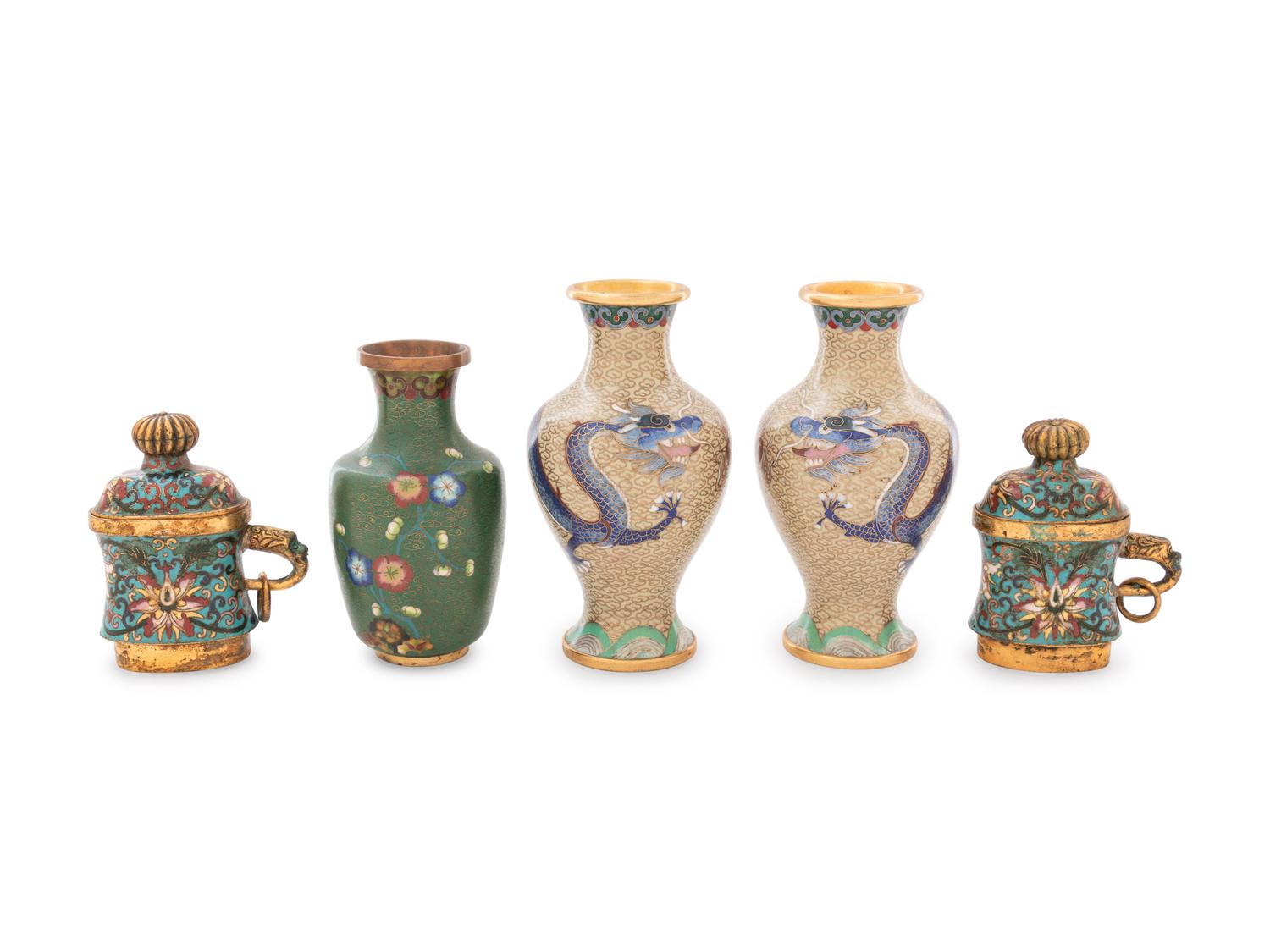 Ten Chinese Cloisonné Enameled and Resin Vessels