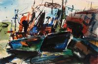 Three works: Harbor Scene; Street Scene and Docked Boat