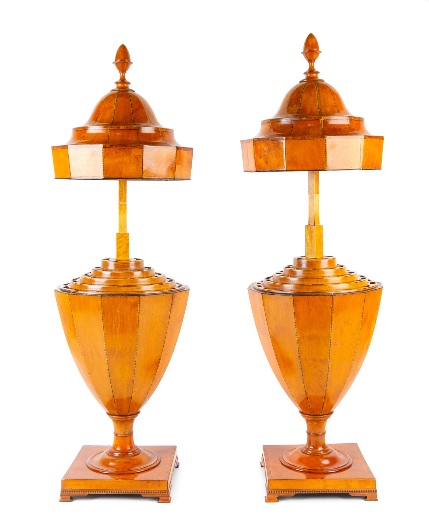A Pair of George III Satinwood Cutlery Urns Height 28 inches. — CIRCA 1800