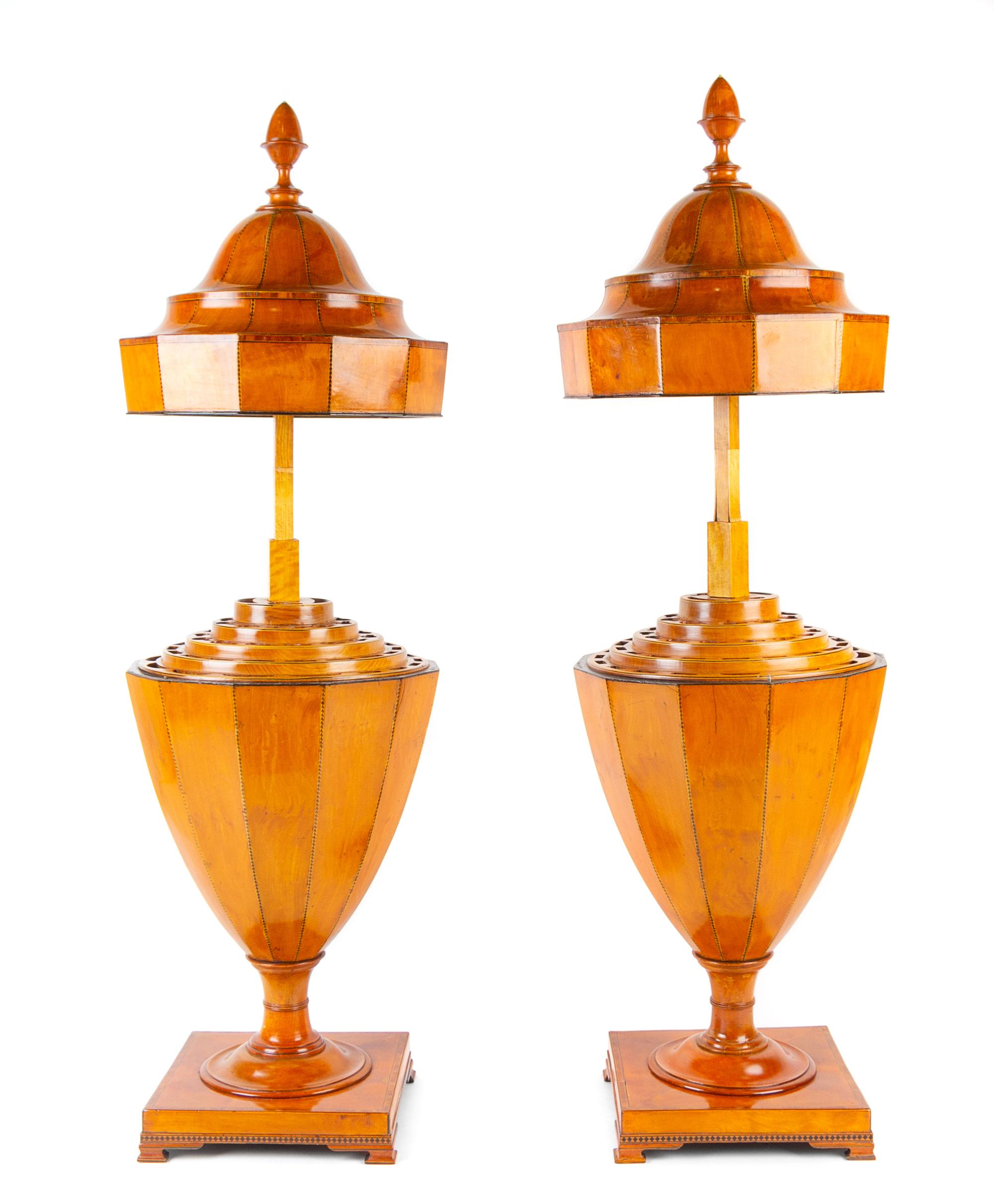 A Pair of George III Satinwood Cutlery Urns Height 28 inches. — CIRCA 1800