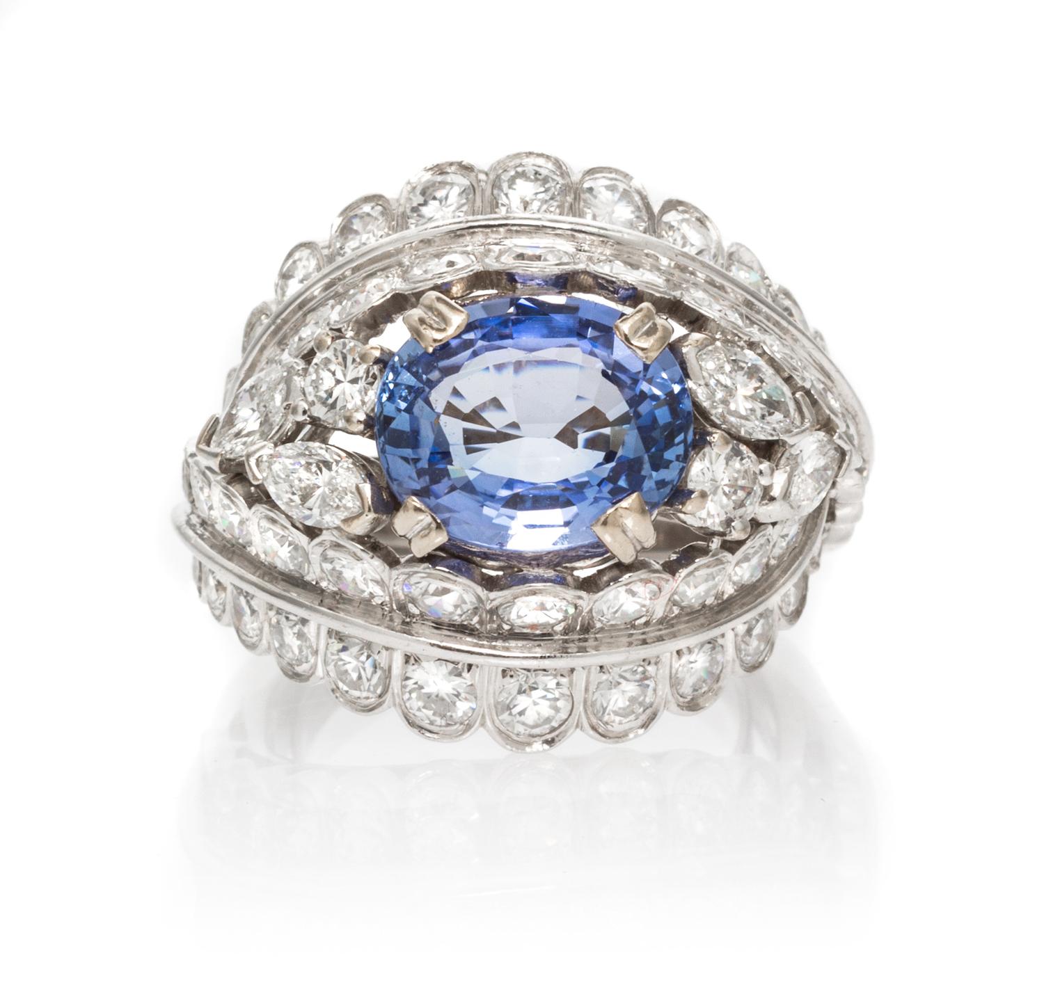 A Vintage Platinum, Sapphire and Diamond Ring, French, Circa 1940, 11.00 dwts.