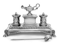 A Victorian Silver Standish, John Brashier for Henry Wilkinson & Co., London, 1882, having two foliate swag decorated ink pots flanking